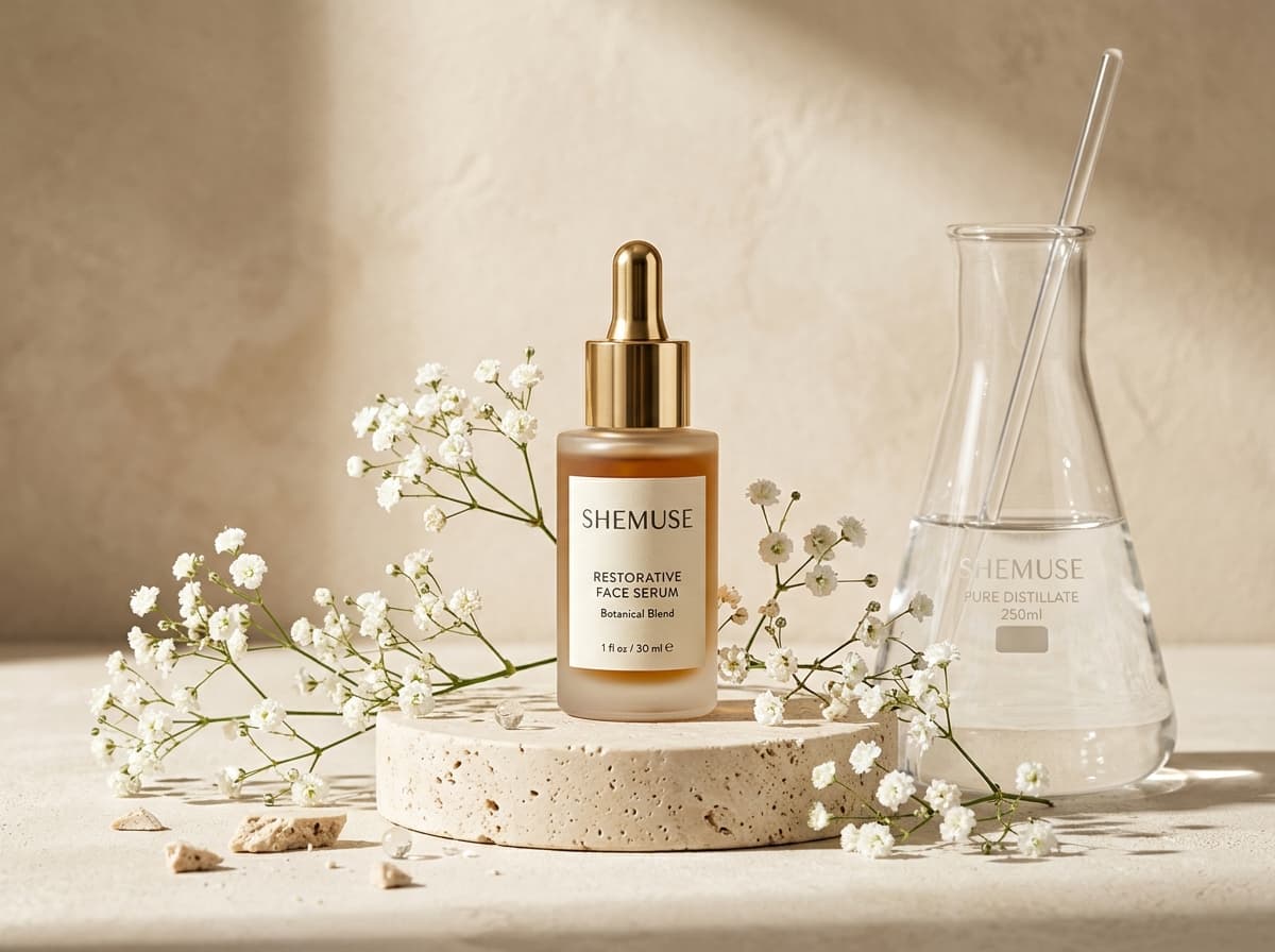 SHEMuse Luxury Skincare Serum with Laboratory Beaker and White Florals