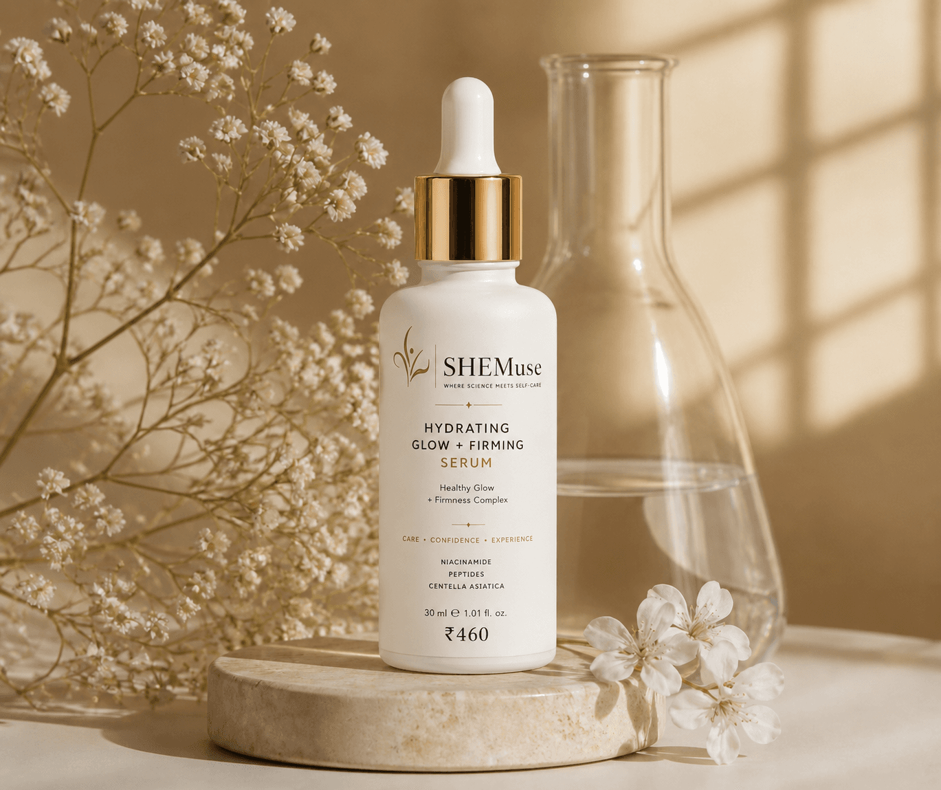 SHEMuse Glow & Tightening Serum on pedestal