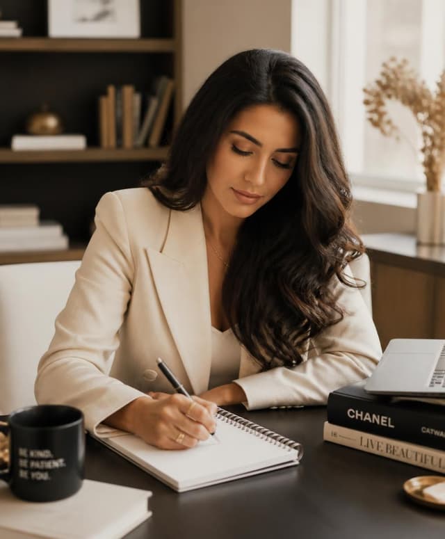 Priti Roy Chaudhary, founder of SHEMuse, writing at her desk in warm natural light